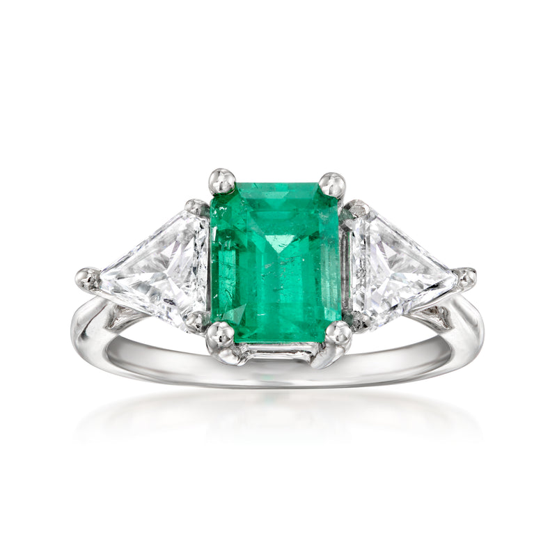 14kt white gold ring with emerald-cut emerald-green center and diamond shoulders