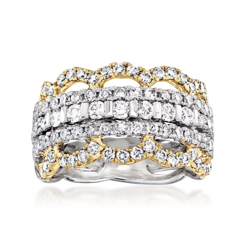 Two-tone gold diamond multi-row scalloped ring with glittering pave stones