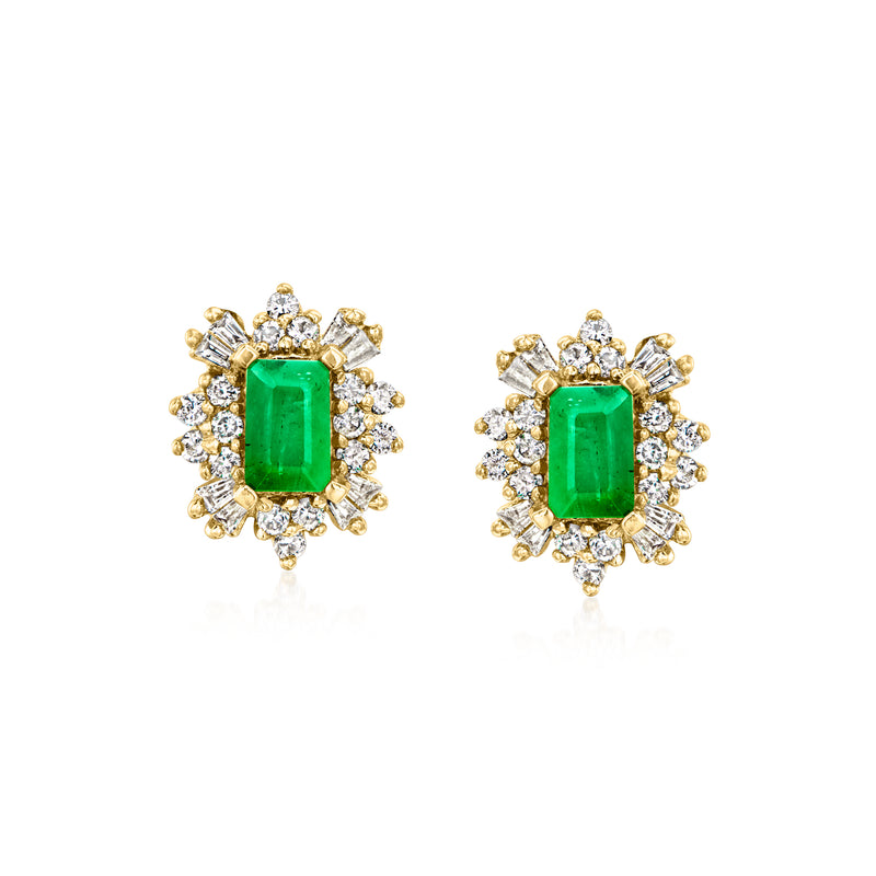 Emerald green gemstone and diamond halo stud earrings in yellow gold, post backs