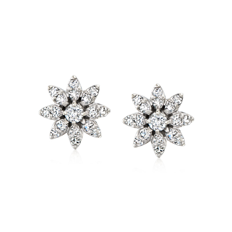 14kt white gold diamond flower stud earrings, clustered petals with central marquise stones