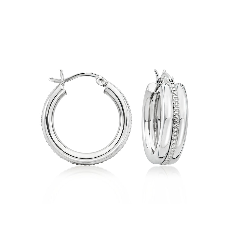 Sterling silver hoop earrings with striped outer band and hinge closure