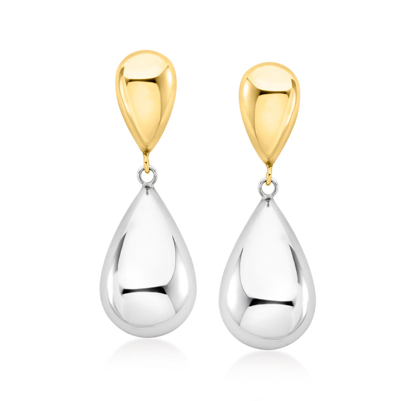Two-tone teardrop drop earrings with gold-tone caps and silver teardrop drops