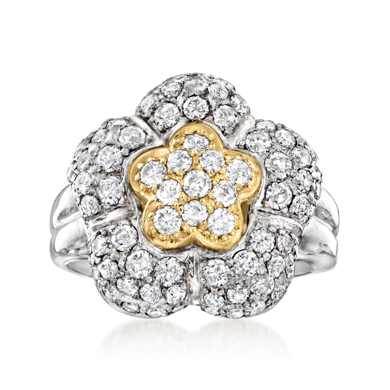 Two-tone gold diamond flower cluster ring, white gold halo