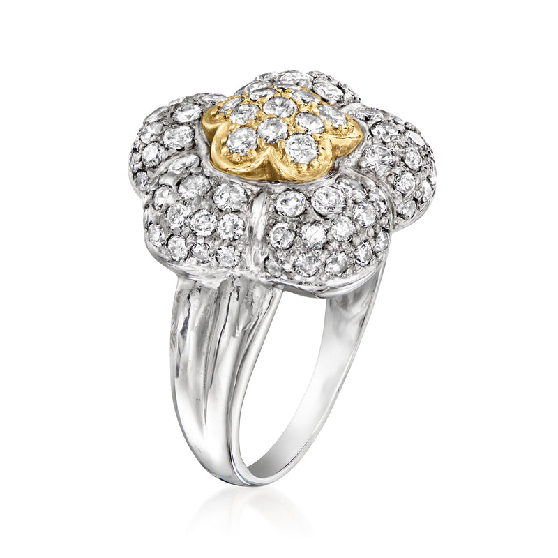 Two-tone gold diamond flower cluster ring, side view with sparkling halo