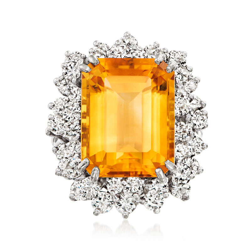 Rectangular citrine cocktail ring in 14kt white gold with diamond cluster halo