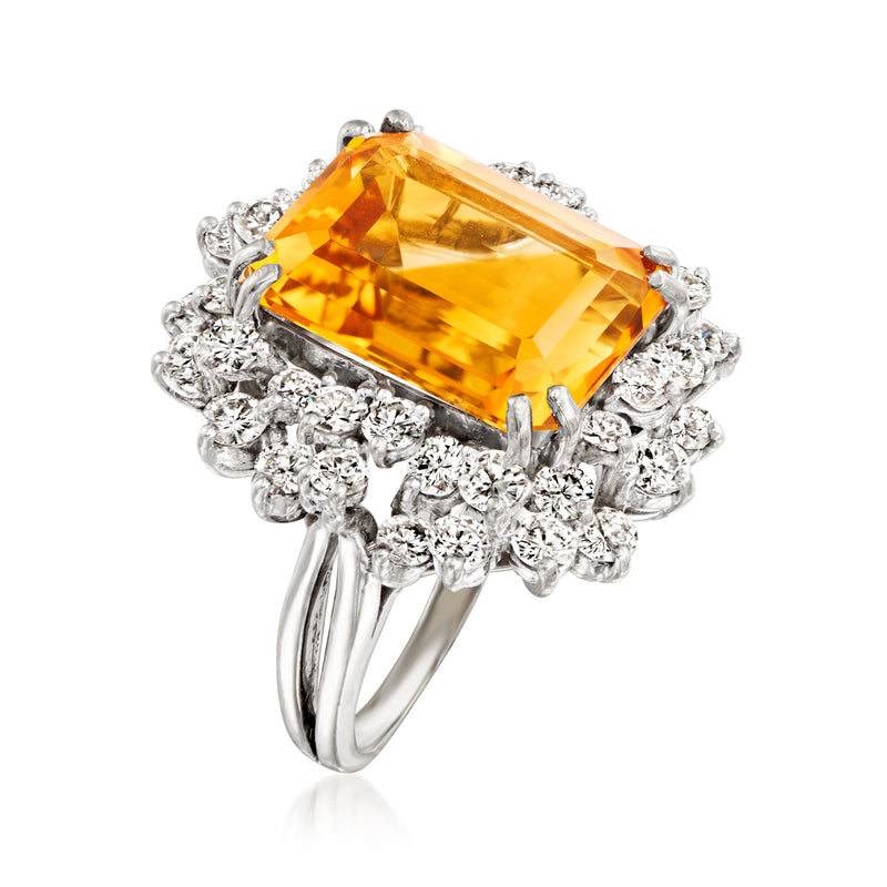 Citrine cocktail ring side view, rectangular gemstone with diamond cluster setting