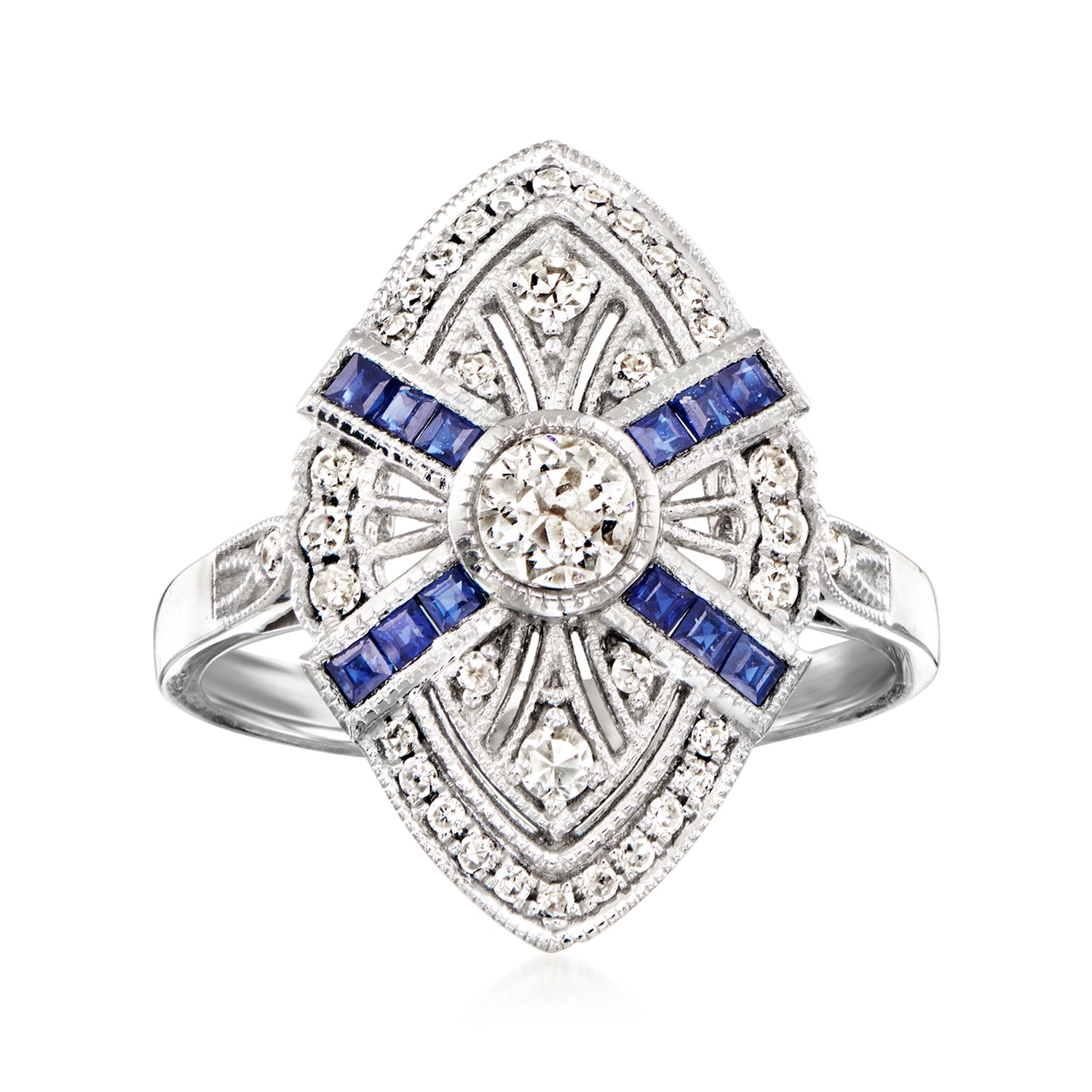 C. 2000 Vintage .45 ct. t.w. Diamond and .26 ct. t.w. Sapphire Navette Ring in Platinum