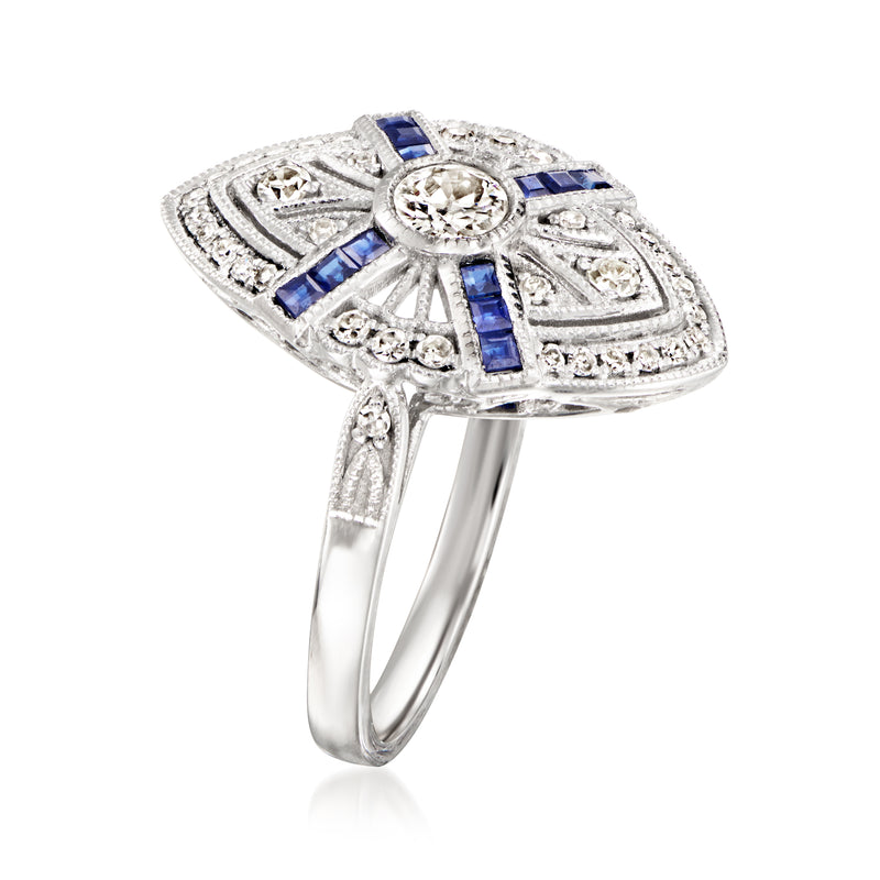 Platinum vintage diamond and sapphire navette cluster ring, side view