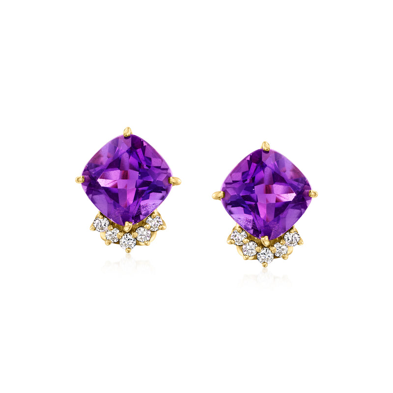 18kt yellow gold amethyst cushion stud earrings with diamond cluster