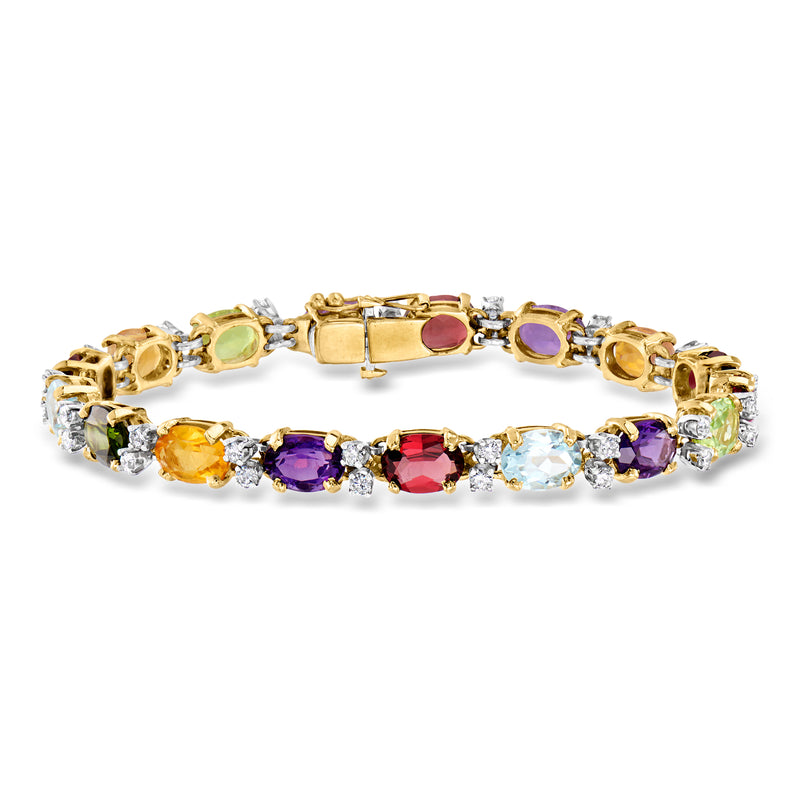 Yellow gold multi-gemstone bracelet with round colored stones and clear diamond accents