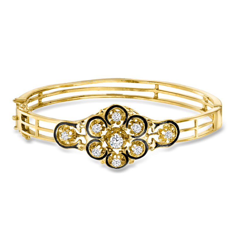 14kt yellow gold bangle bracelet with black enamel center and round diamond-like stones