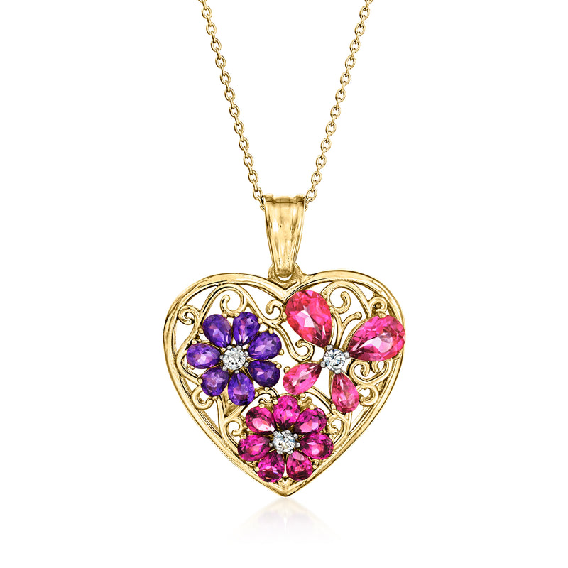Gold heart pendant necklace with pink & purple gemstone flower and butterfly details