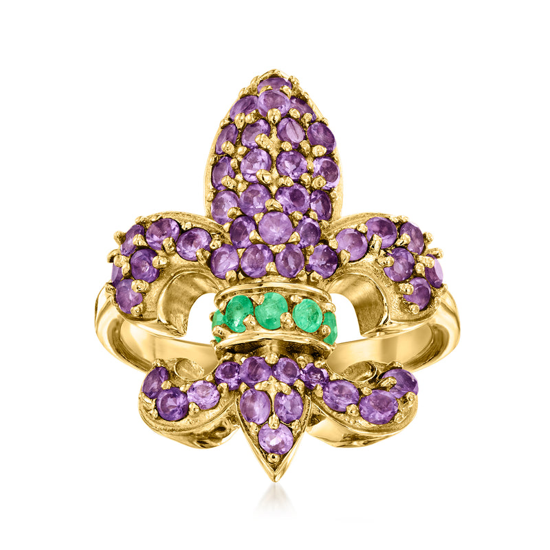 Fleur-de-lis ring with purple amethyst and green emerald stones, 18kt gold over sterling