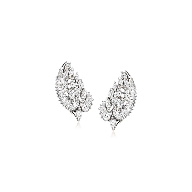 Vintage diamond cluster clip/post earrings in 14kt white gold with marquise clusters