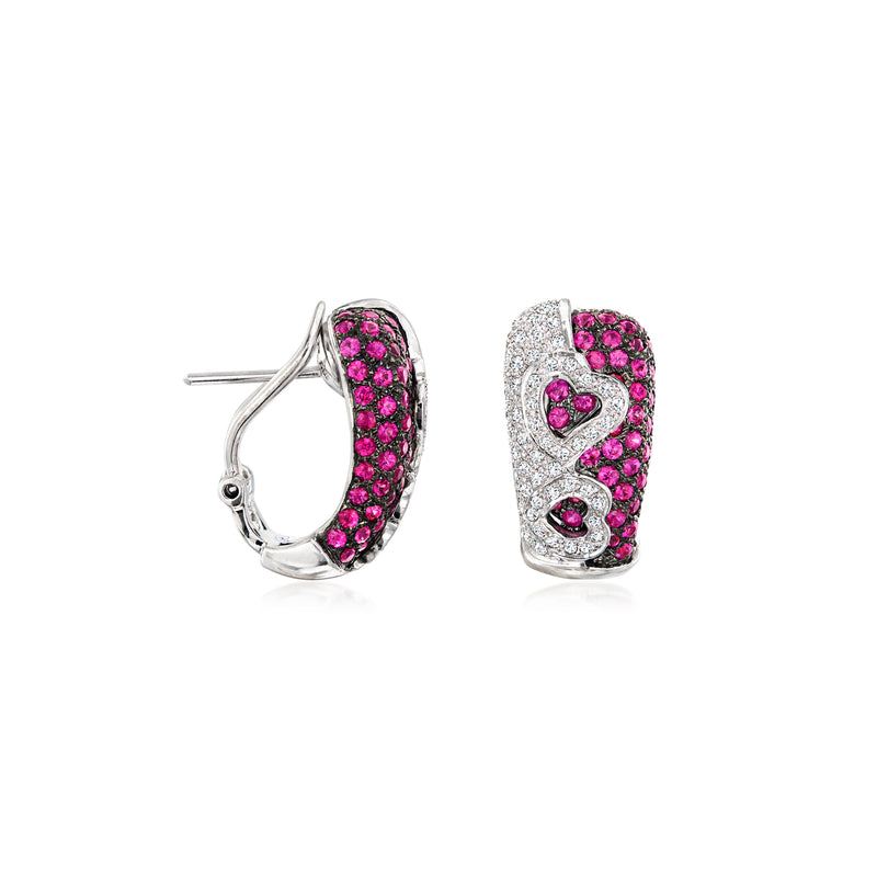 Ruby-and-diamond heart earrings in 18kt white gold, side view with post back