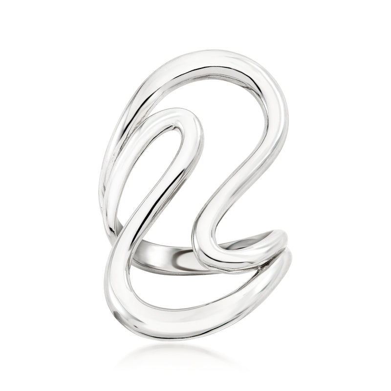 Sterling silver wave open-space ring with looped center