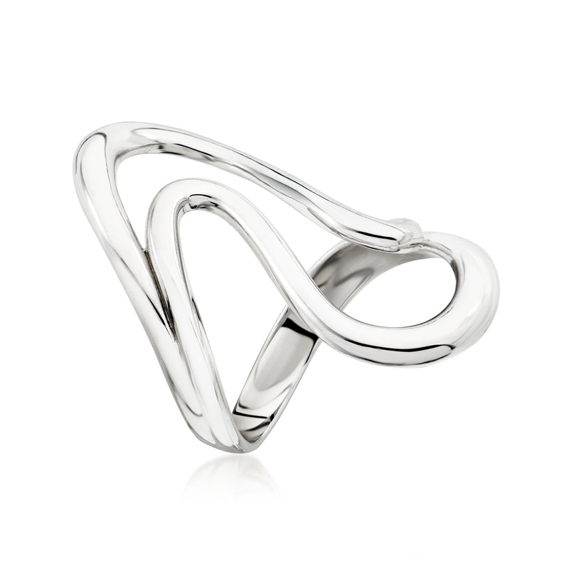Sterling silver wave open-space ring, side profile with looped center