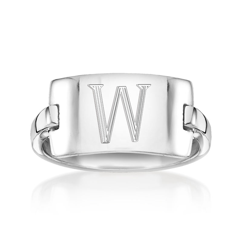Sterling silver curved bar ring with engraved letter W on top