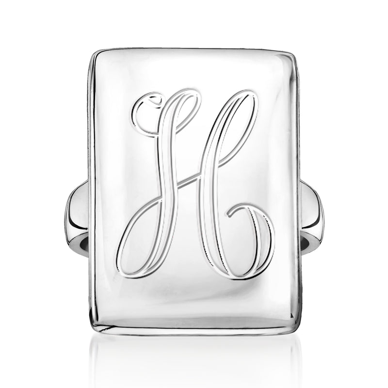 Sterling silver rectangular personalized ring with engraved script initials