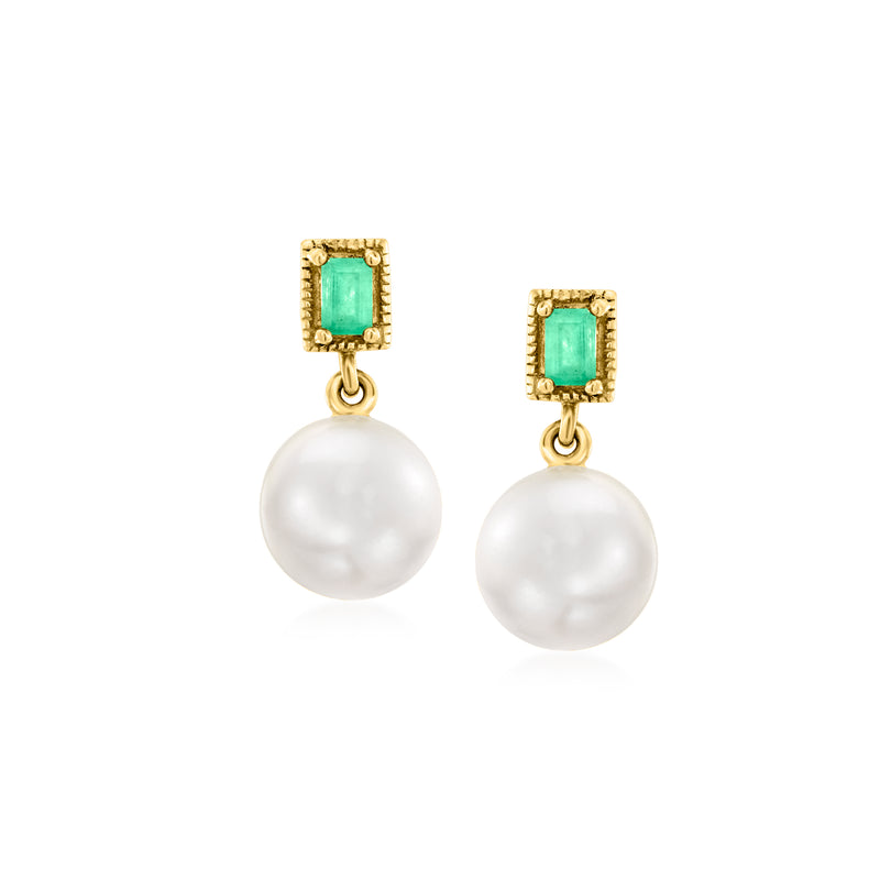 Yellow gold drop earrings with green emerald square and white cultured pearl