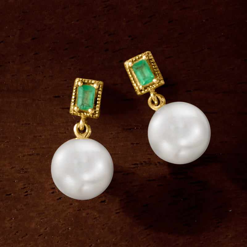 Yellow gold drop earrings with green emerald square and large white pearl dangles