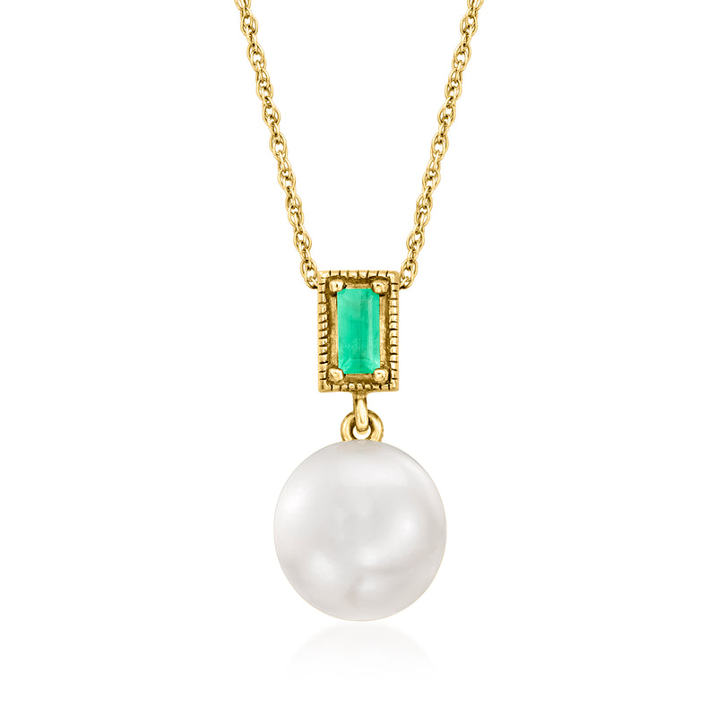 Cultured pearl pendant necklace in 10kt yellow gold with emerald square bail