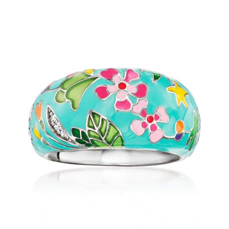 Sterling silver enamel ring with turquoise floral design and clear CZ accents