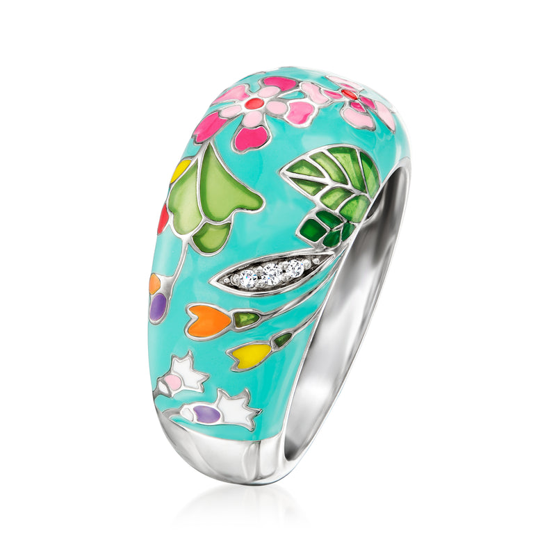 Sterling silver enamel ring with turquoise base, pink flowers, leaf motifs, CZ accents