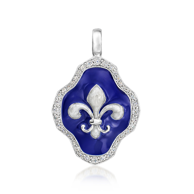 Sterling silver pendant with blue enamel Fleur-de-lis center and clear CZ border
