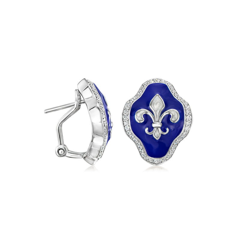 Sterling silver blue enamel fleur-de-lis stud earrings with clear CZ border