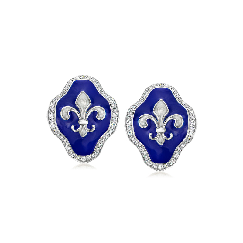 Belle Etoile Versailles blue enamel earrings with white fleur-de-lis and CZ trim