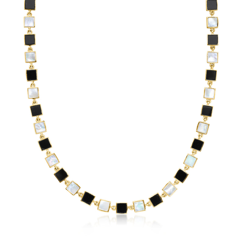 Gold station necklace with black onyx and mother-of-pearl square stations