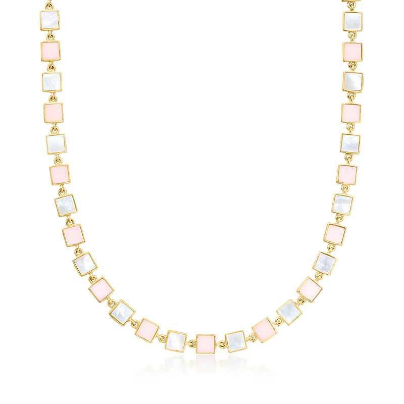 Gold station necklace with pink opal and mother-of-pearl square links