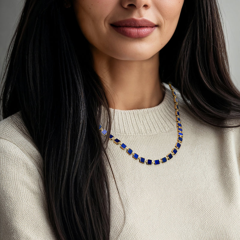 Lapis station necklace in 18kt gold over sterling with blue square stations on neckline