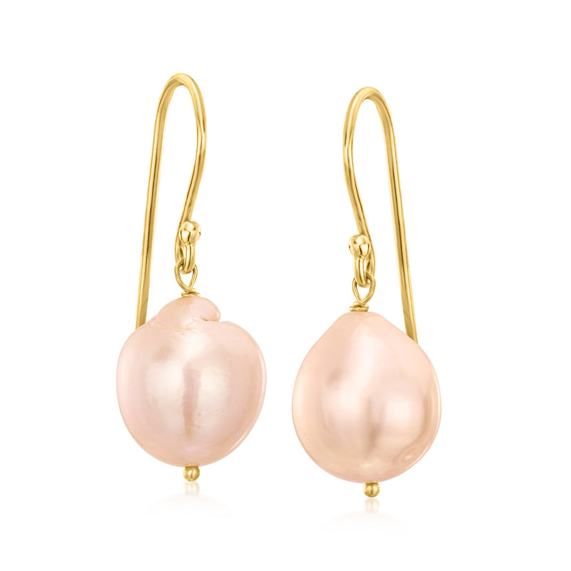 Peach baroque pearl drop earrings with gold earwire, oval pearl dangles