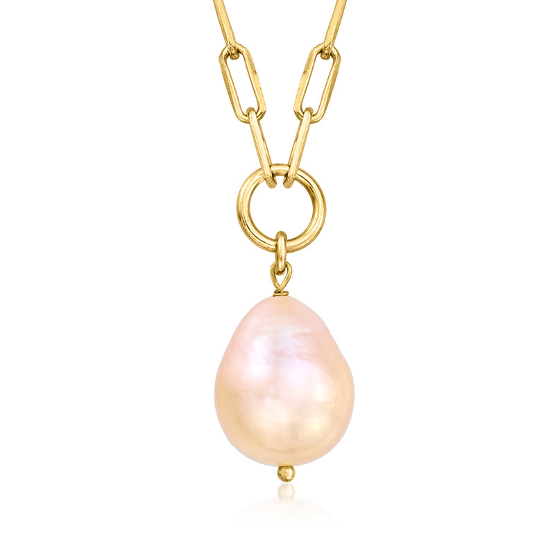 Gold paper-clip link chain necklace with round peach baroque cultured pearl pendant