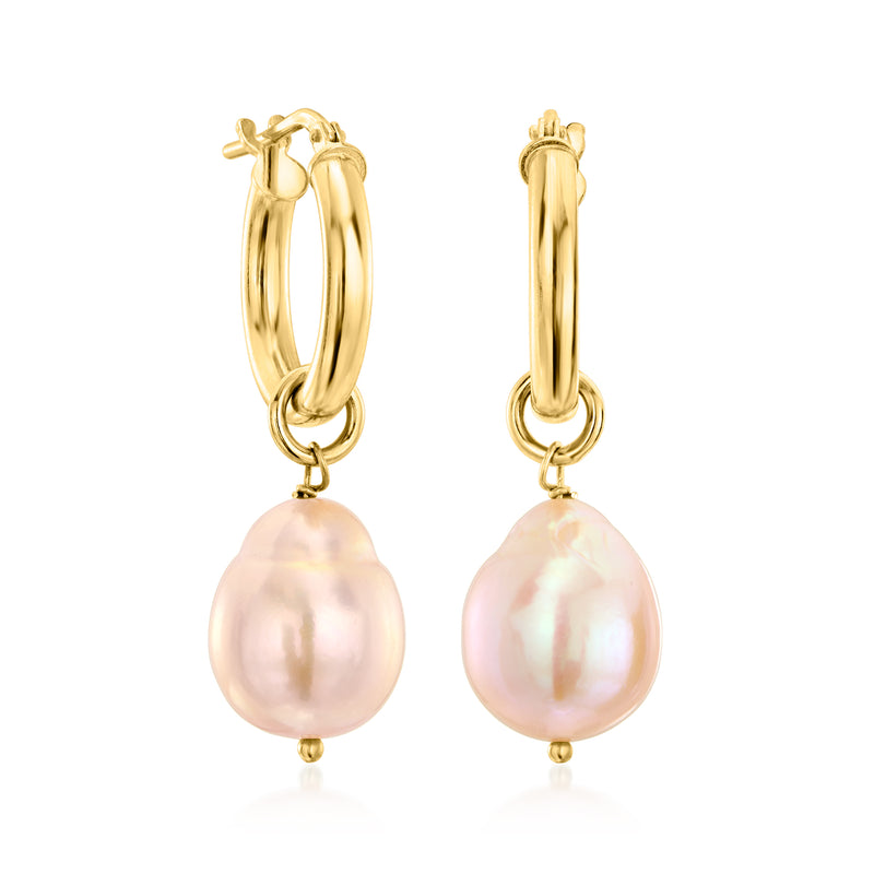 Gold hoop earrings with peach baroque cultured pearl drop, 10–11mm