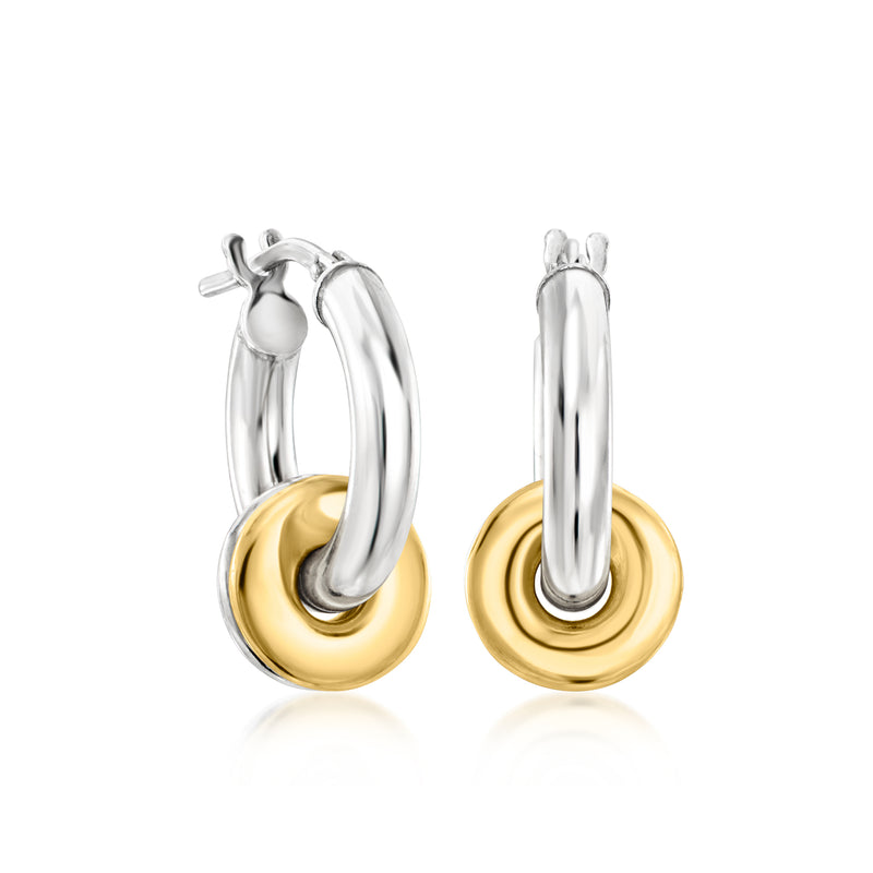 Sterling silver hoop drop earrings with 18kt gold over discs, hinged for wear