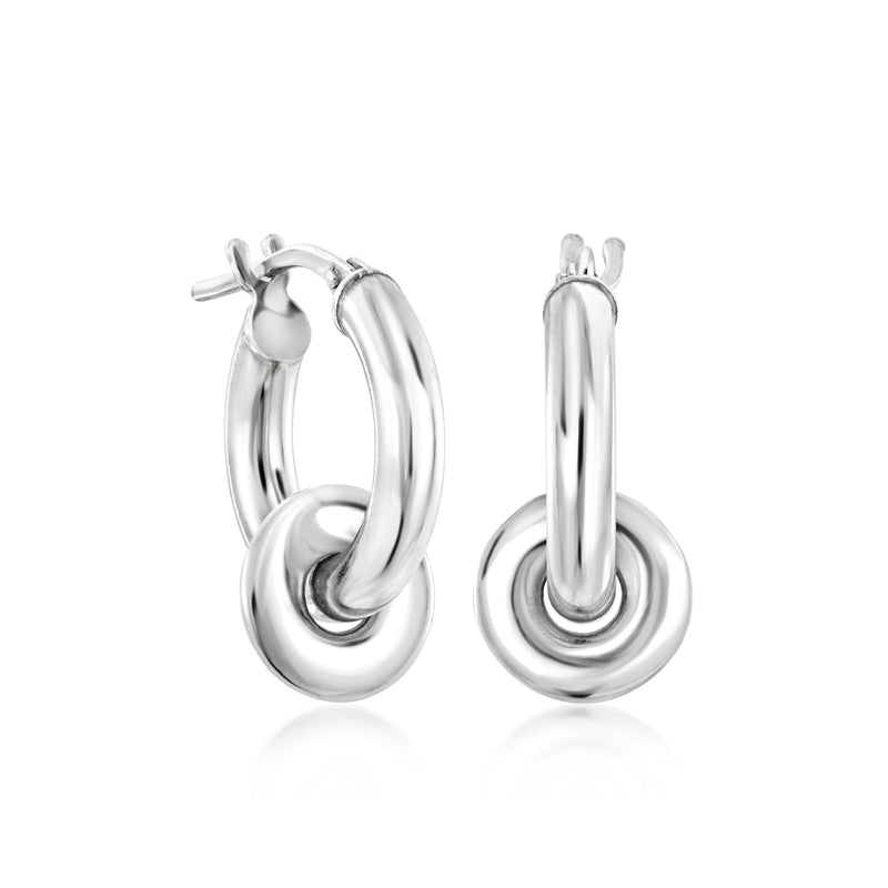 Sterling silver hoop drop earrings with smooth oval discs, hinged for wear