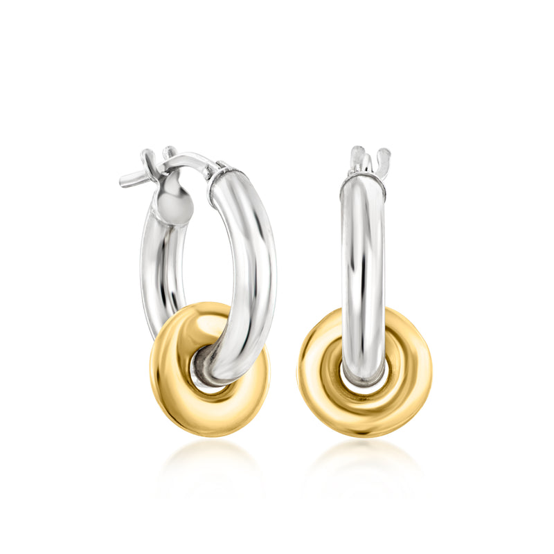 Sterling silver hoop drop earrings with gold-toned discs, hinged drop style