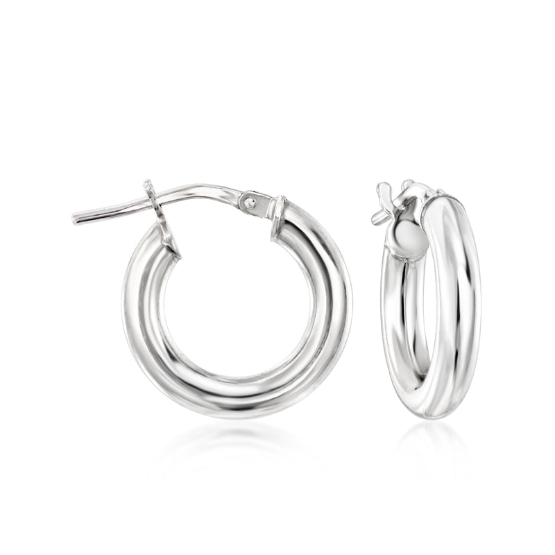 Sterling silver hoop drop earrings, side view with hinged closure details