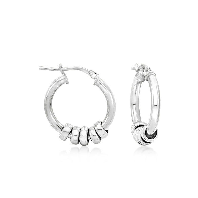 Sterling silver hoop earrings with removable bead segments and hinge clasp