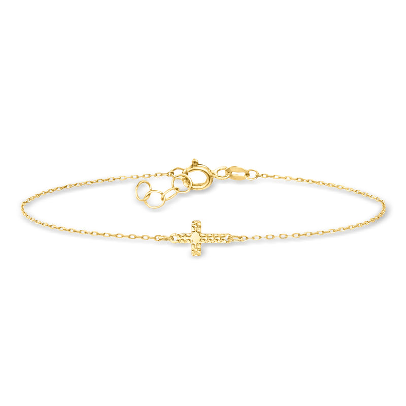 Yellow gold sideways cross bracelet with linked chain and small lobster clasp