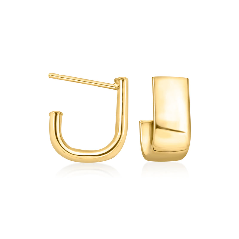 18kt yellow gold J-hoop earrings, curved open hoop with hinged latch back