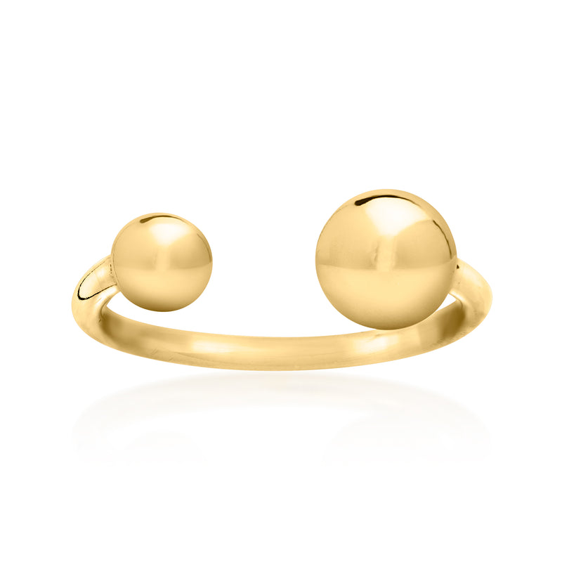 Gold-tone open-space bead ring with two round domed beads on a curved band
