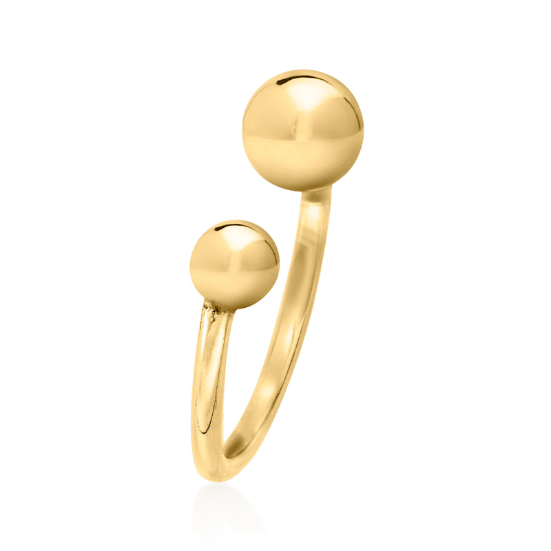 Gold-tone open-space ring with two domed round beads and a slim curved band