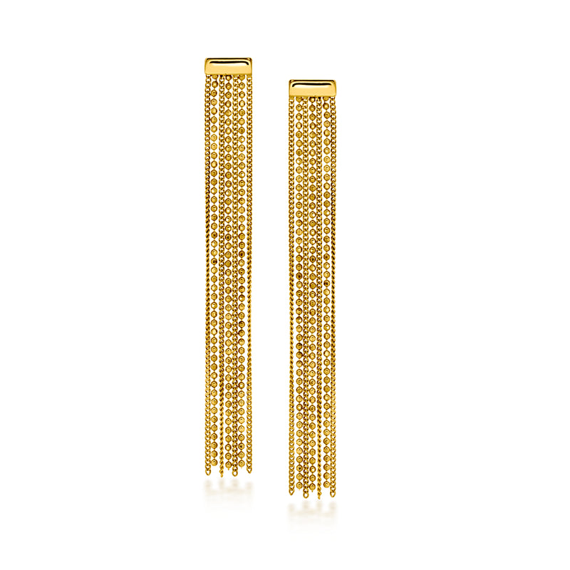 Gold-tone tassel drop earrings with rectangular tops and beaded chain fringe