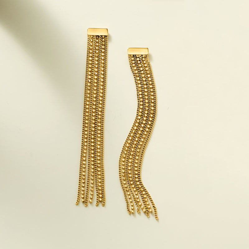 Gold-tone tassel drop earrings with long chain fringe and rectangular earring caps