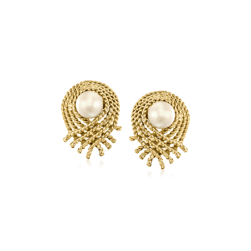 Cultured pearl roped-edge yellow gold fringe earrings