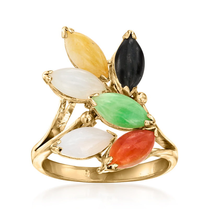 14kt yellow gold vintage-style ring with multi-color oval gemstone cabochons